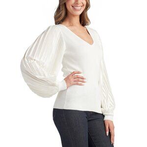 BCX Womens Ribbed Knit Sweater With Pleated Balloon Sleeves In White